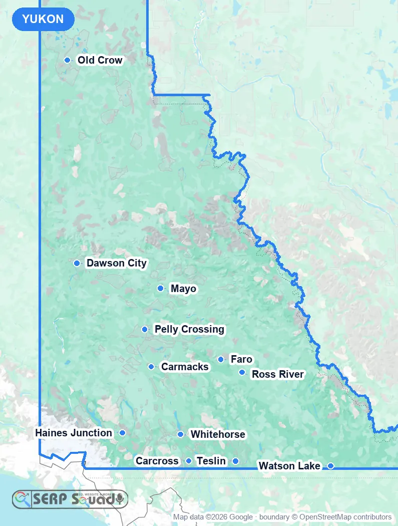 Map of Yukon, Canada, marking the 12 cities where we run local SEO campaigns