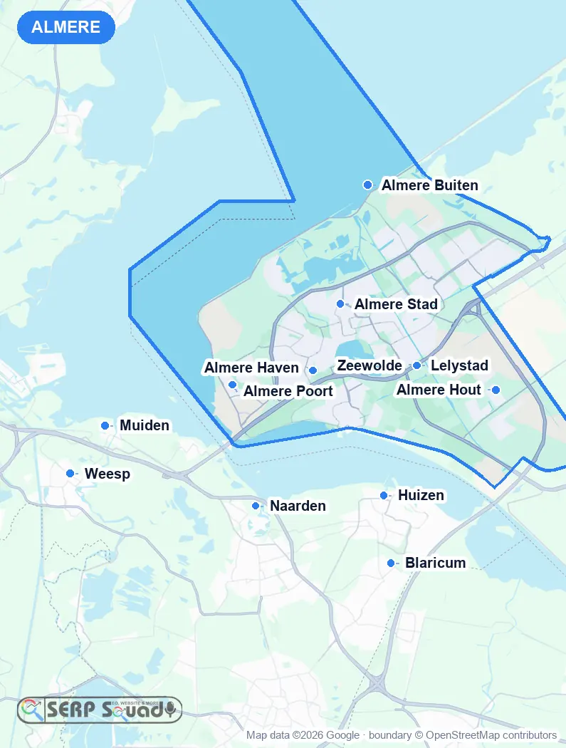 Map of Almere, the Netherlands, marking the 12 cities where we run local SEO campaigns