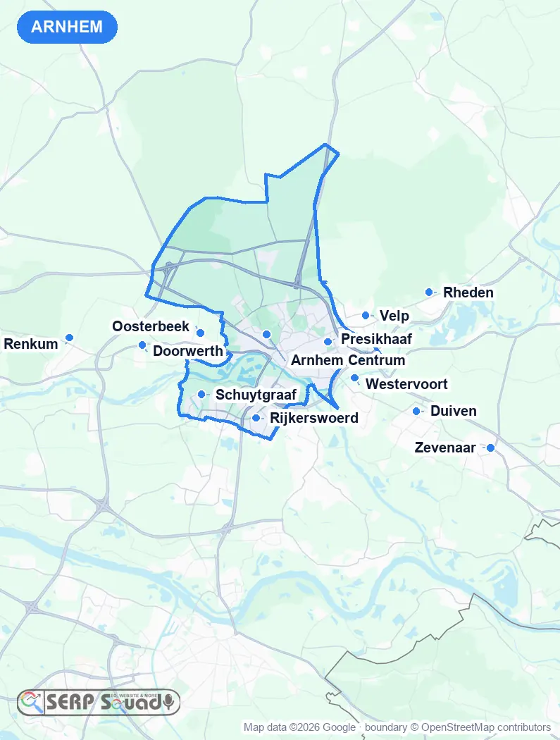 Map of Arnhem, the Netherlands, marking the 12 cities where we run local SEO campaigns