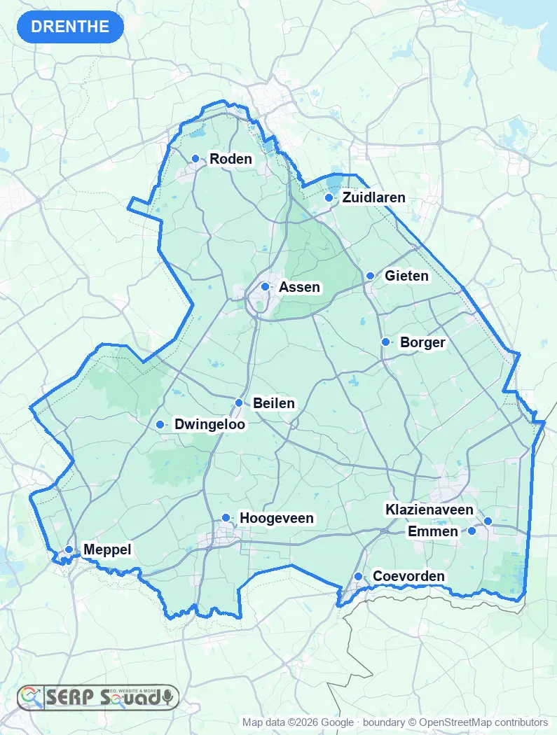Map of Drenthe, the Netherlands, marking the 12 cities where we run local SEO campaigns