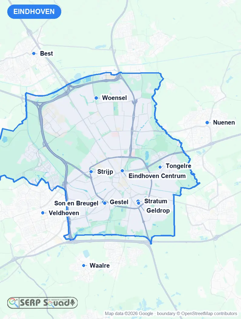 Map of Eindhoven, the Netherlands, marking the 12 cities where we run local SEO campaigns