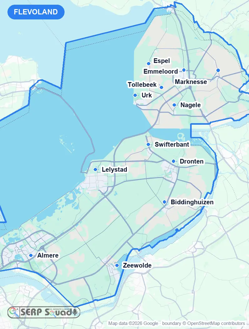 Map of Flevoland, the Netherlands, marking the 12 cities where we run local SEO campaigns