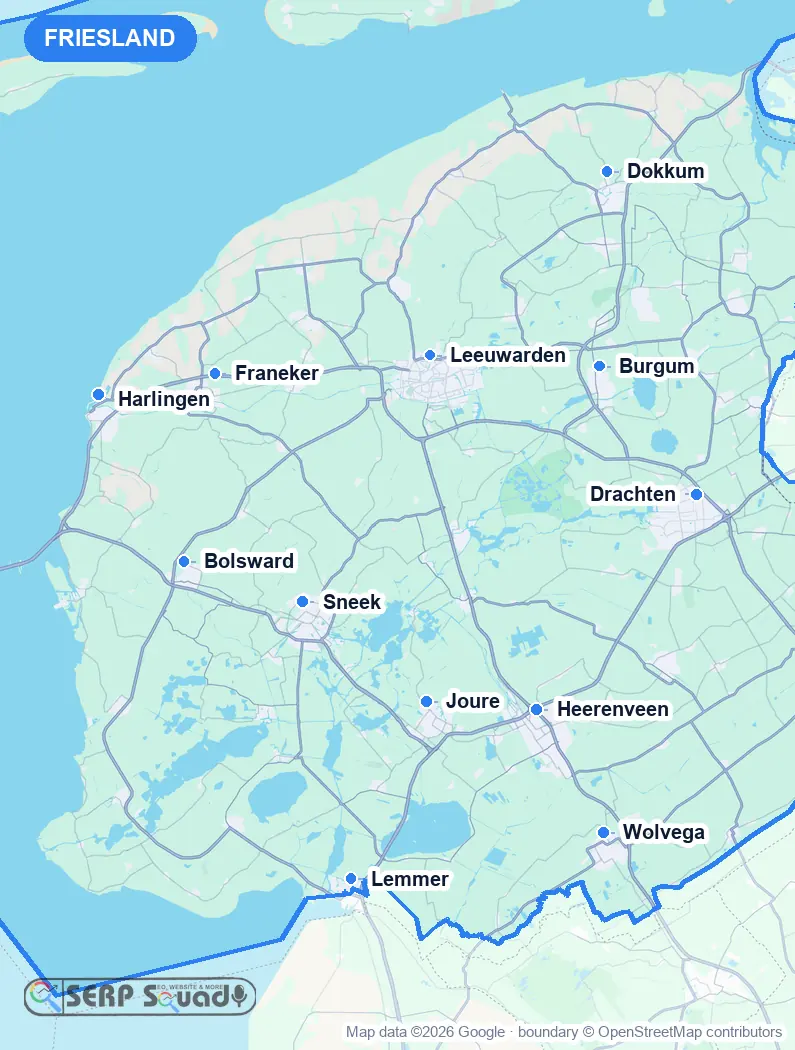 Map of Friesland, the Netherlands, marking the 12 cities where we run local SEO campaigns