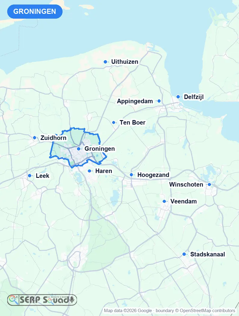 Map of Groningen, the Netherlands, marking the 12 cities where we run local SEO campaigns