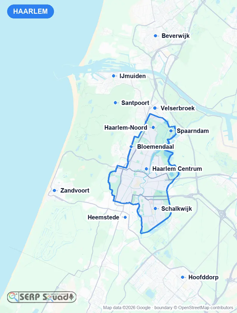 Map of Haarlem, the Netherlands, marking the 12 cities where we run local SEO campaigns