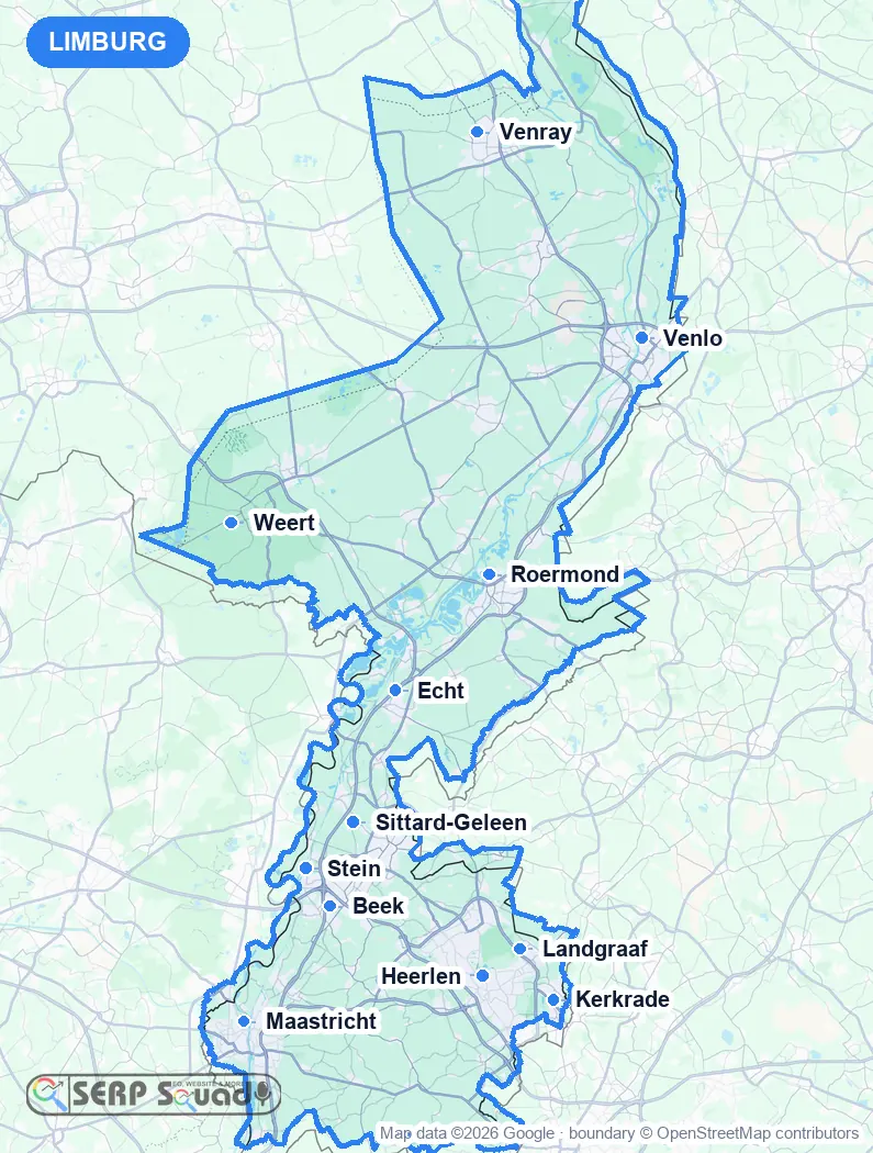 Map of Limburg, the Netherlands, marking the 12 cities where we run local SEO campaigns