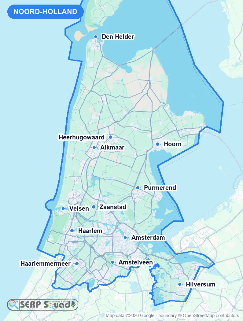 Map of Noord-Holland, the Netherlands, marking the 12 cities where we run local SEO campaigns