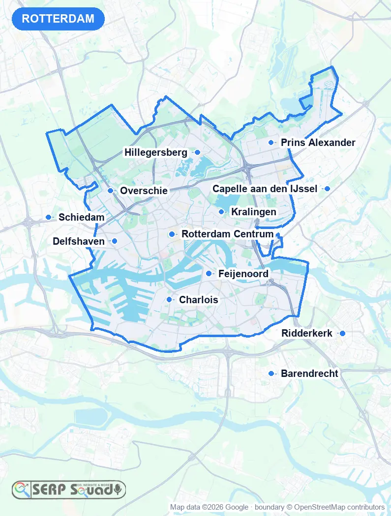 Map of Rotterdam, the Netherlands, marking the 12 cities where we run local SEO campaigns