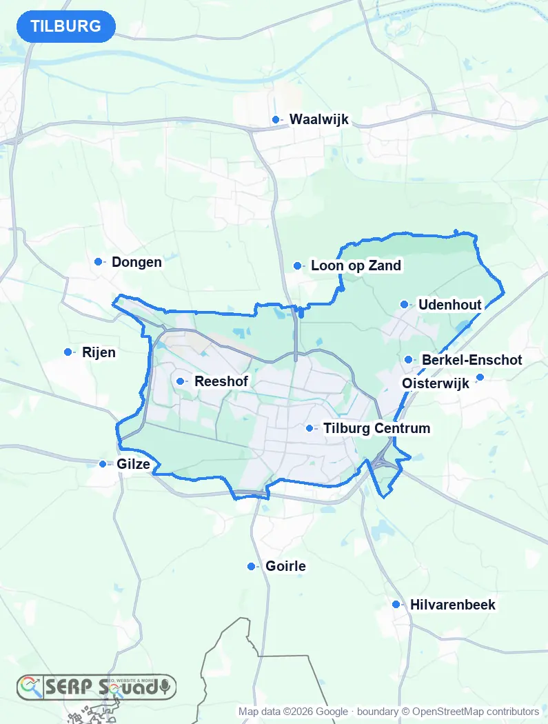Map of Tilburg, the Netherlands, marking the 12 cities where we run local SEO campaigns