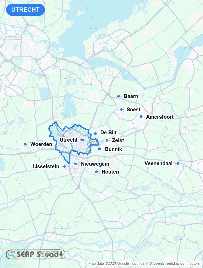 Map of Utrecht, the Netherlands, marking the 12 cities where we run local SEO campaigns