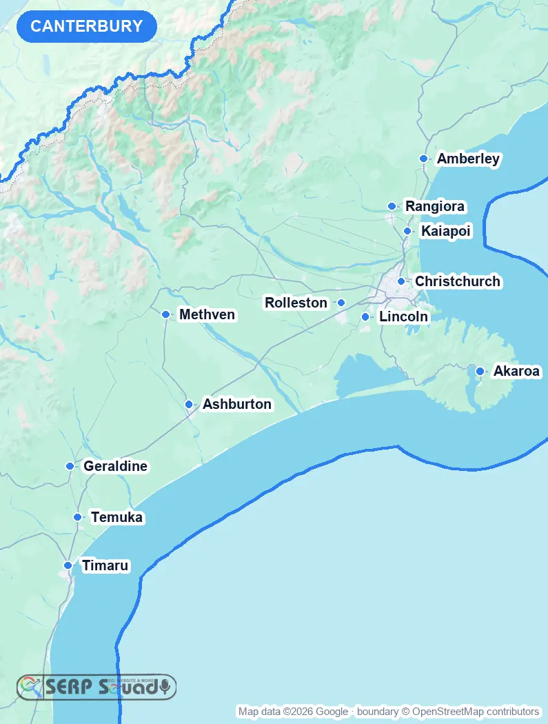 Map of Canterbury, New Zealand, marking the 12 cities where we run local SEO campaigns