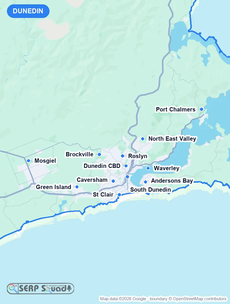 Map of Dunedin, New Zealand, marking the 12 cities where we run local SEO campaigns