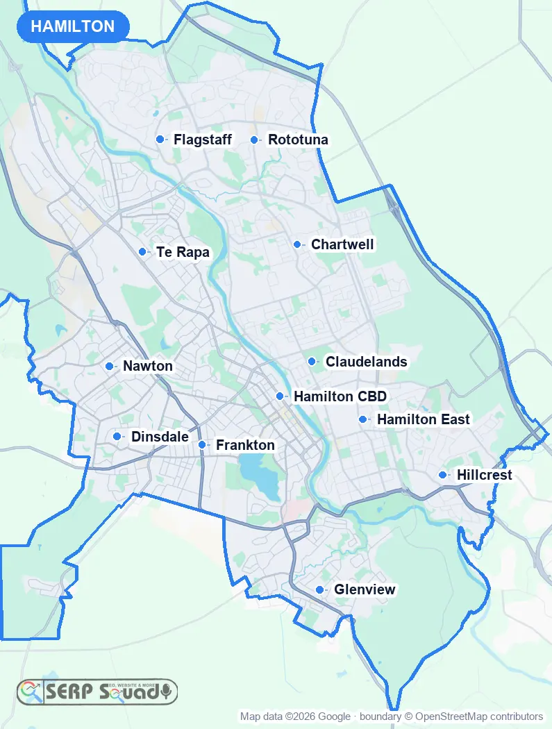 Map of Hamilton, New Zealand, marking the 12 cities where we run local SEO campaigns