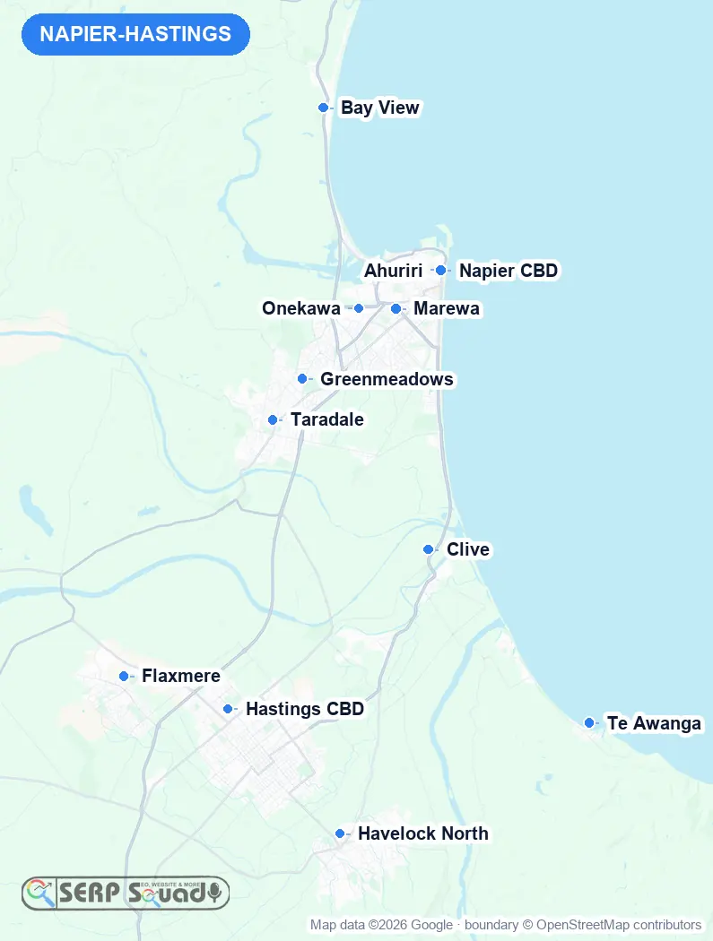 Map of Napier-Hastings, New Zealand, marking the 12 cities where we run local SEO campaigns