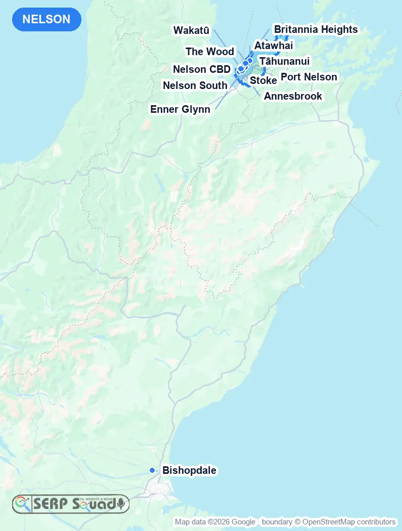 Map of Nelson, New Zealand, marking the 12 cities where we run local SEO campaigns