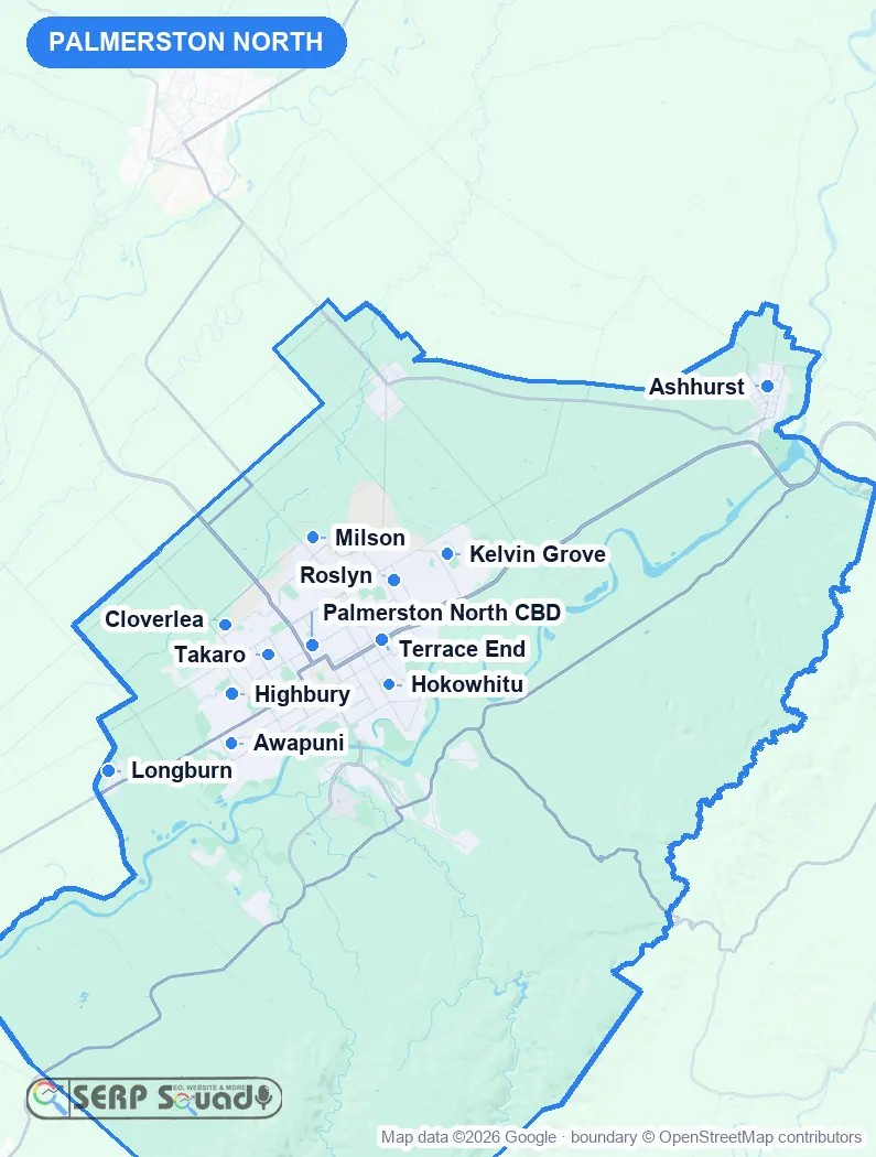 Map of Palmerston North, New Zealand, marking the 12 cities where we run local SEO campaigns