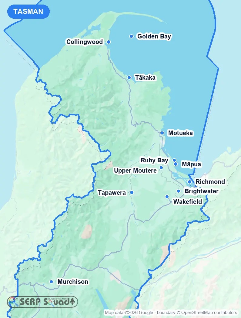 Map of Tasman, New Zealand, marking the 12 cities where we run local SEO campaigns