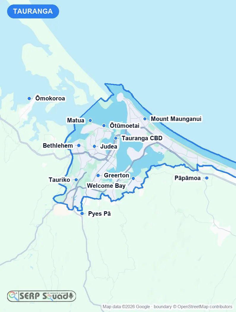 Map of Tauranga, New Zealand, marking the 12 cities where we run local SEO campaigns