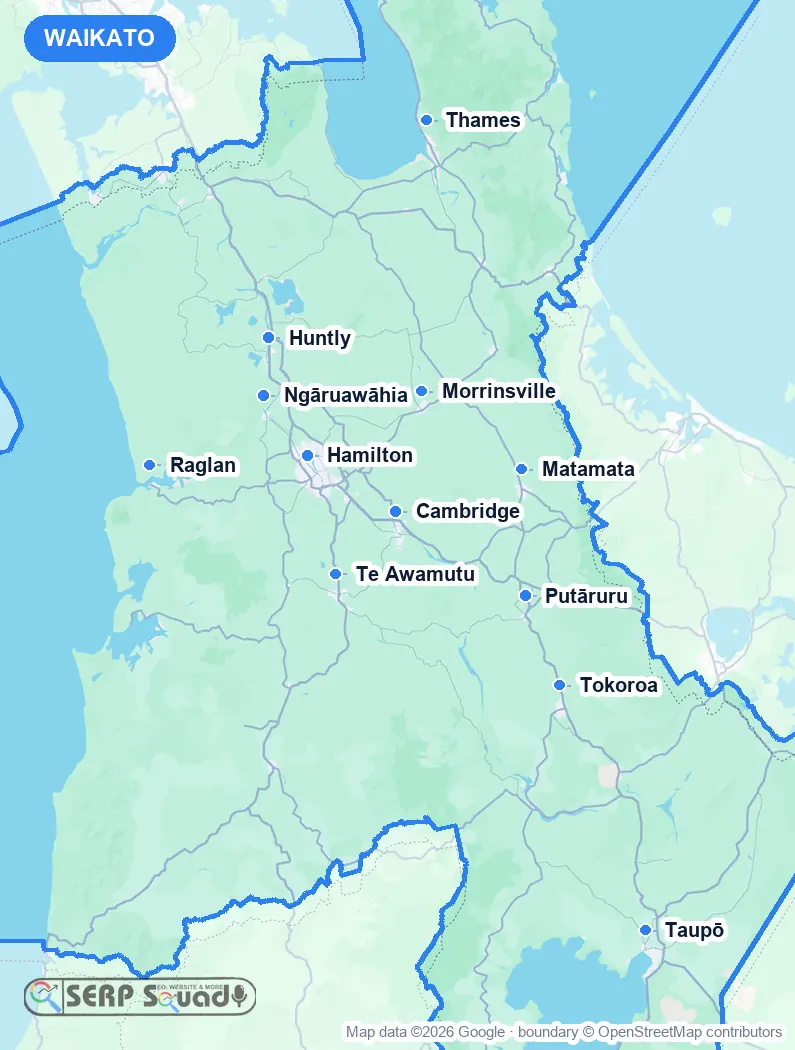 Map of Waikato, New Zealand, marking the 12 cities where we run local SEO campaigns