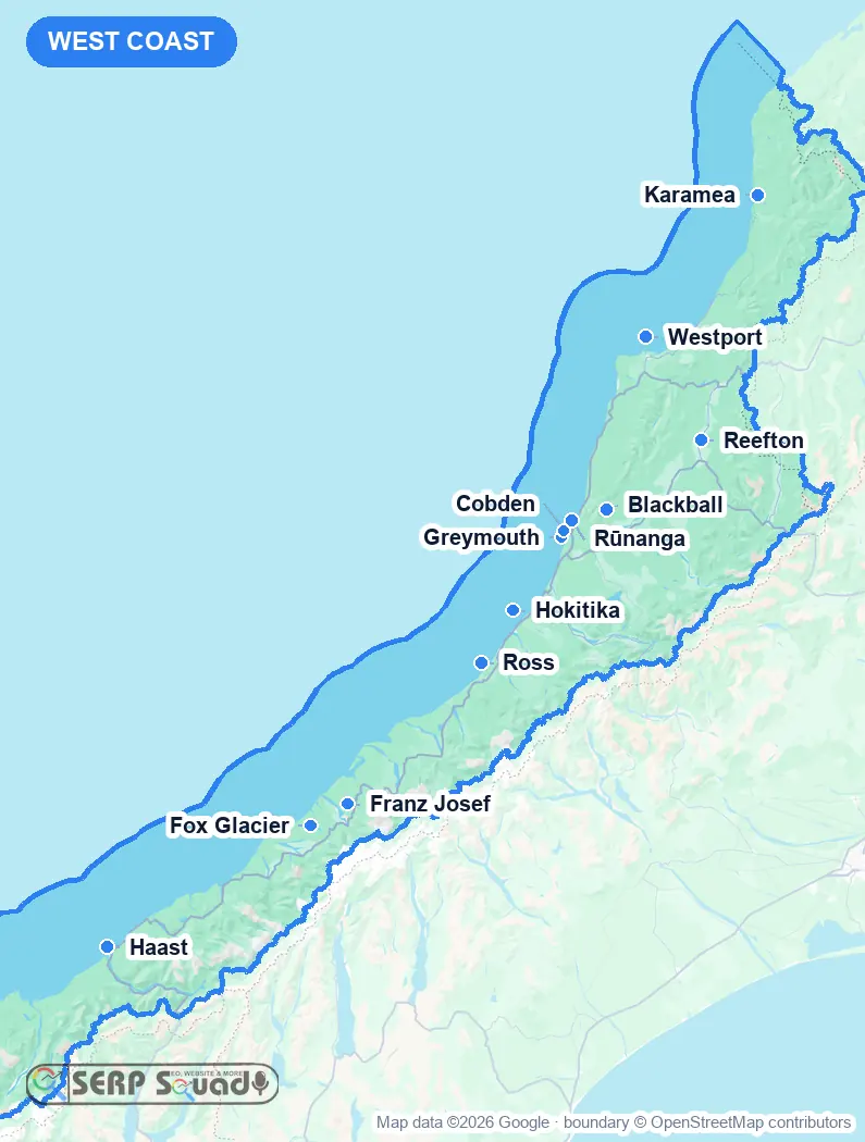 Map of West Coast, New Zealand, marking the 12 cities where we run local SEO campaigns