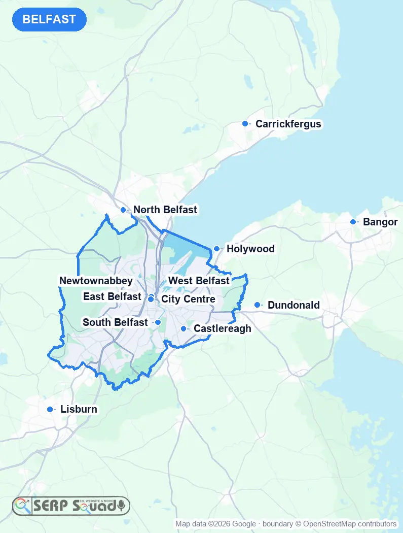 Map of Belfast, the United Kingdom, marking the 12 cities where we run local SEO campaigns
