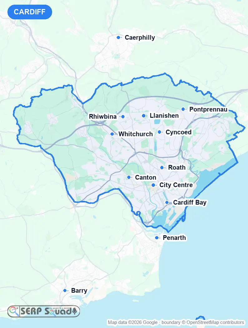 Map of Cardiff, the United Kingdom, marking the 12 cities where we run local SEO campaigns