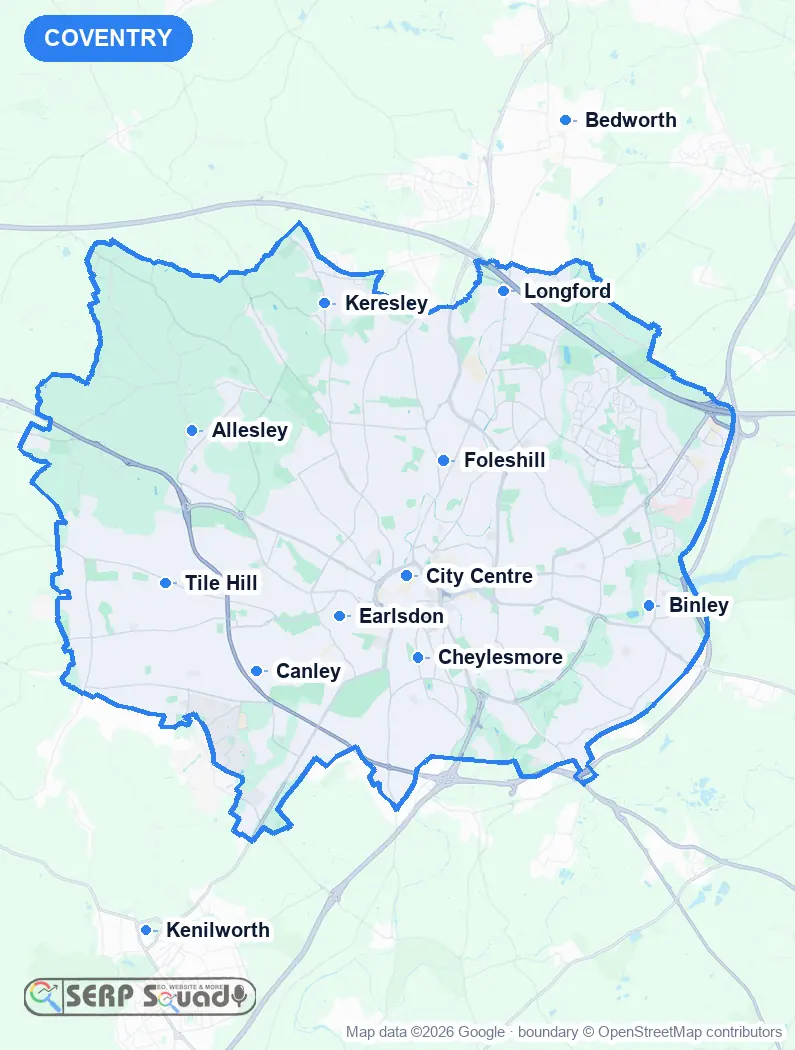 Map of Coventry, the United Kingdom, marking the 12 cities where we run local SEO campaigns