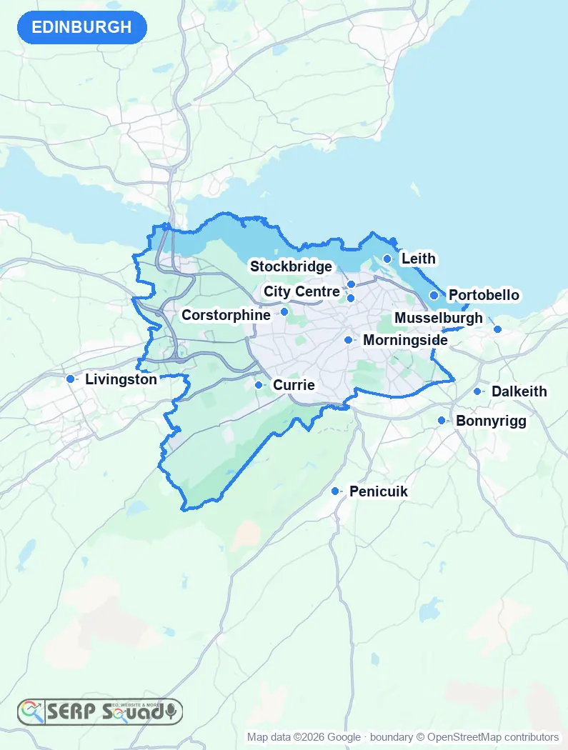 Map of Edinburgh, the United Kingdom, marking the 12 cities where we run local SEO campaigns