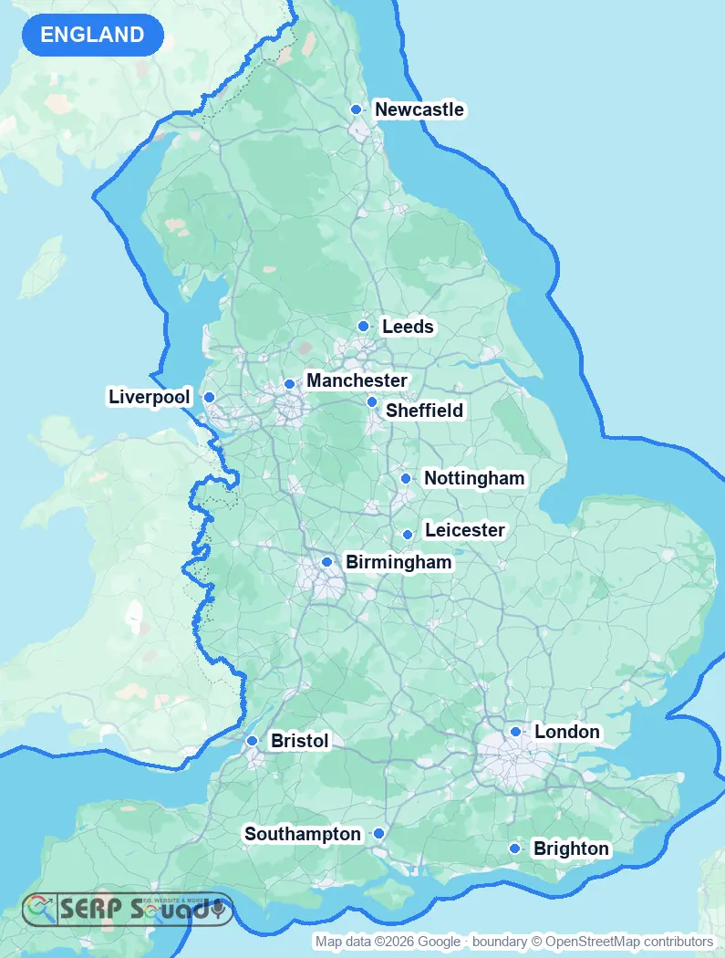 Map of England, the United Kingdom, marking the 12 cities where we run local SEO campaigns