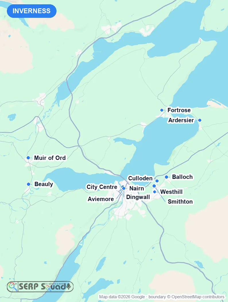 Map of Inverness, the United Kingdom, marking the 12 cities where we run local SEO campaigns