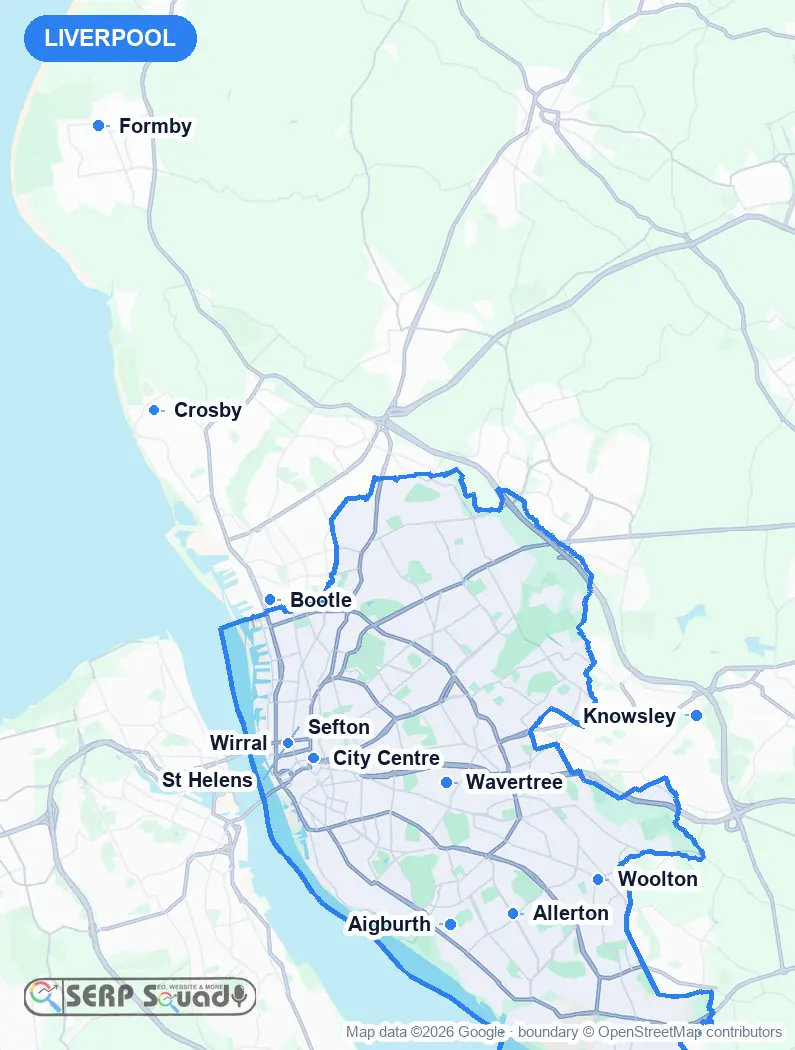 Map of Liverpool, the United Kingdom, marking the 12 cities where we run local SEO campaigns