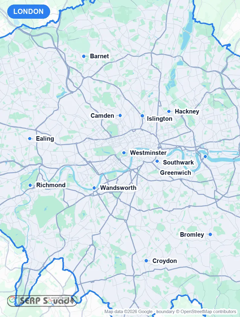 Map of London, the United Kingdom, marking the 12 cities where we run local SEO campaigns
