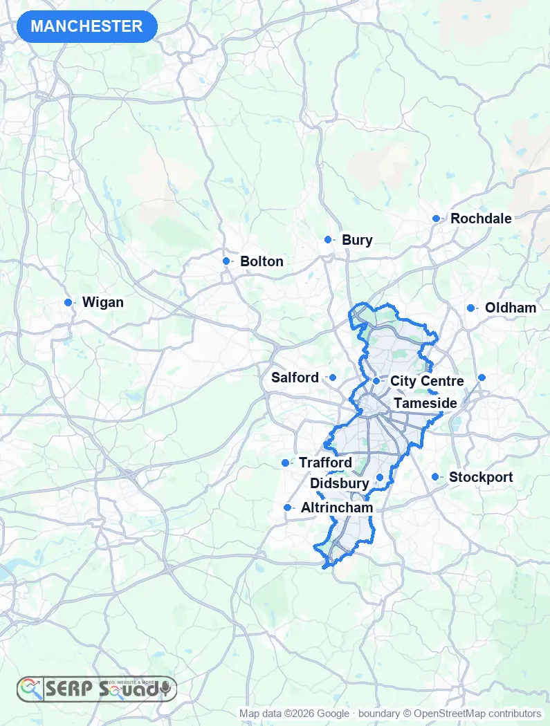 Map of Manchester, the United Kingdom, marking the 12 cities where we run local SEO campaigns