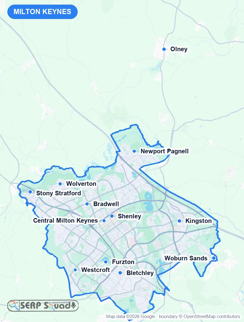 Map of Milton Keynes, the United Kingdom, marking the 12 cities where we run local SEO campaigns