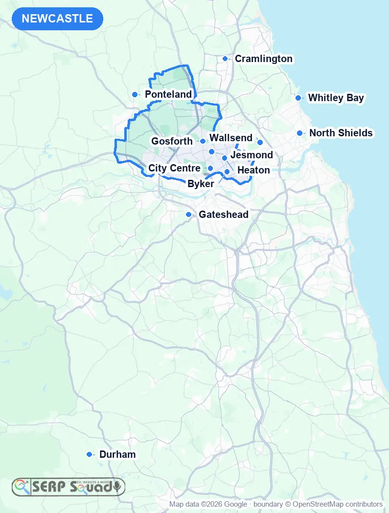 Map of Newcastle, the United Kingdom, marking the 12 cities where we run local SEO campaigns