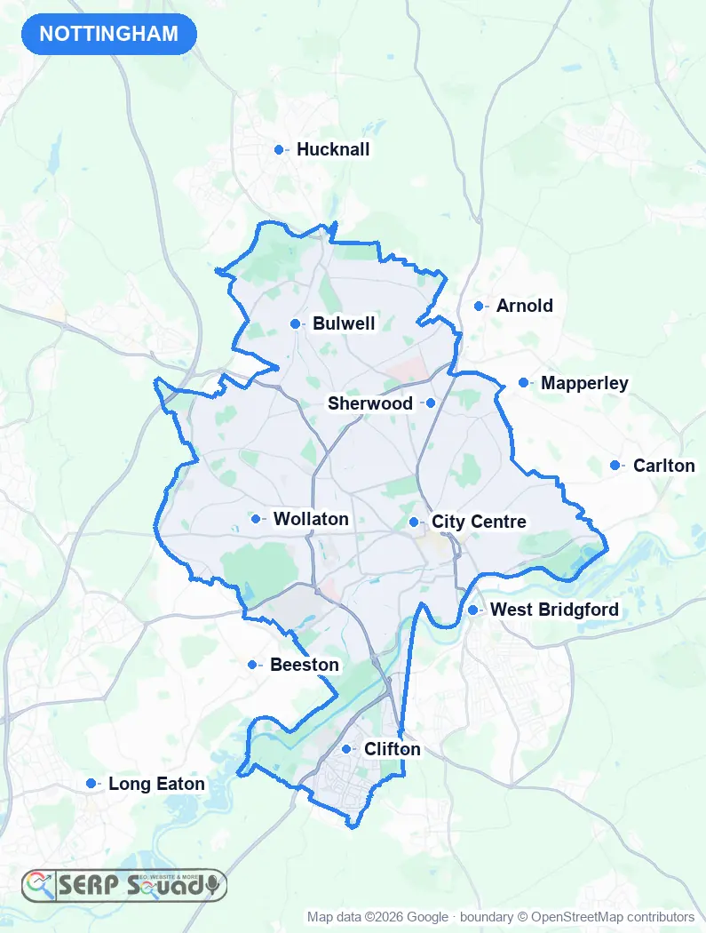 Map of Nottingham, the United Kingdom, marking the 12 cities where we run local SEO campaigns