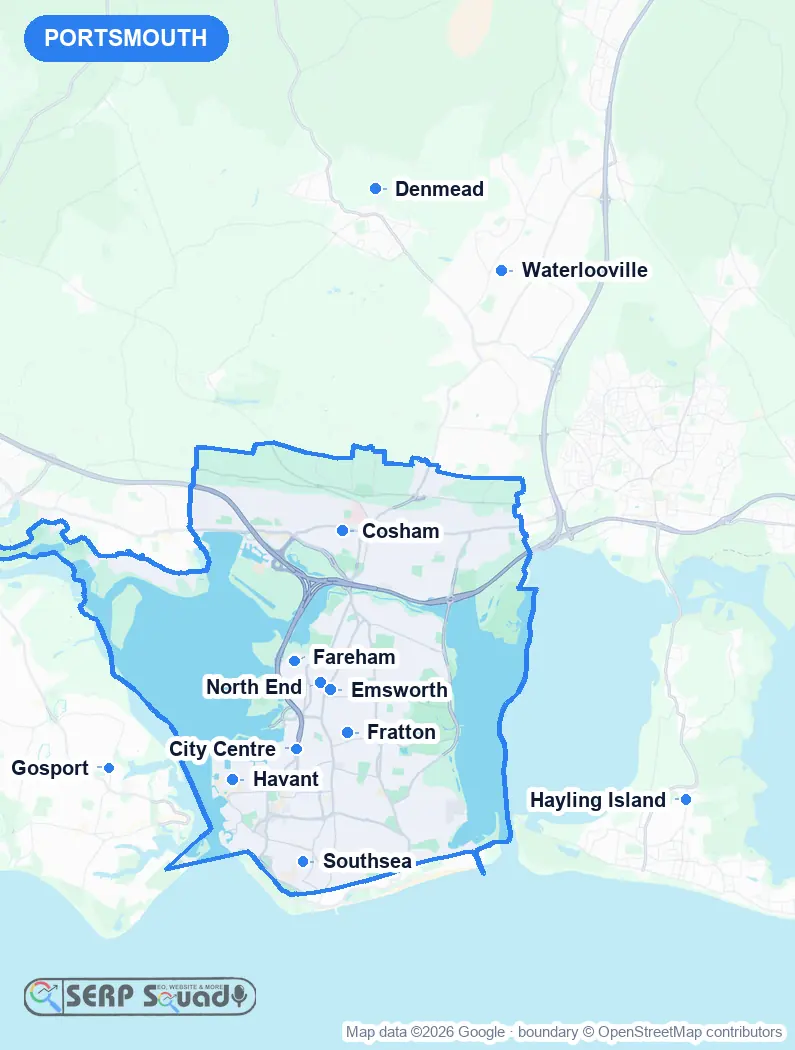 Map of Portsmouth, the United Kingdom, marking the 12 cities where we run local SEO campaigns