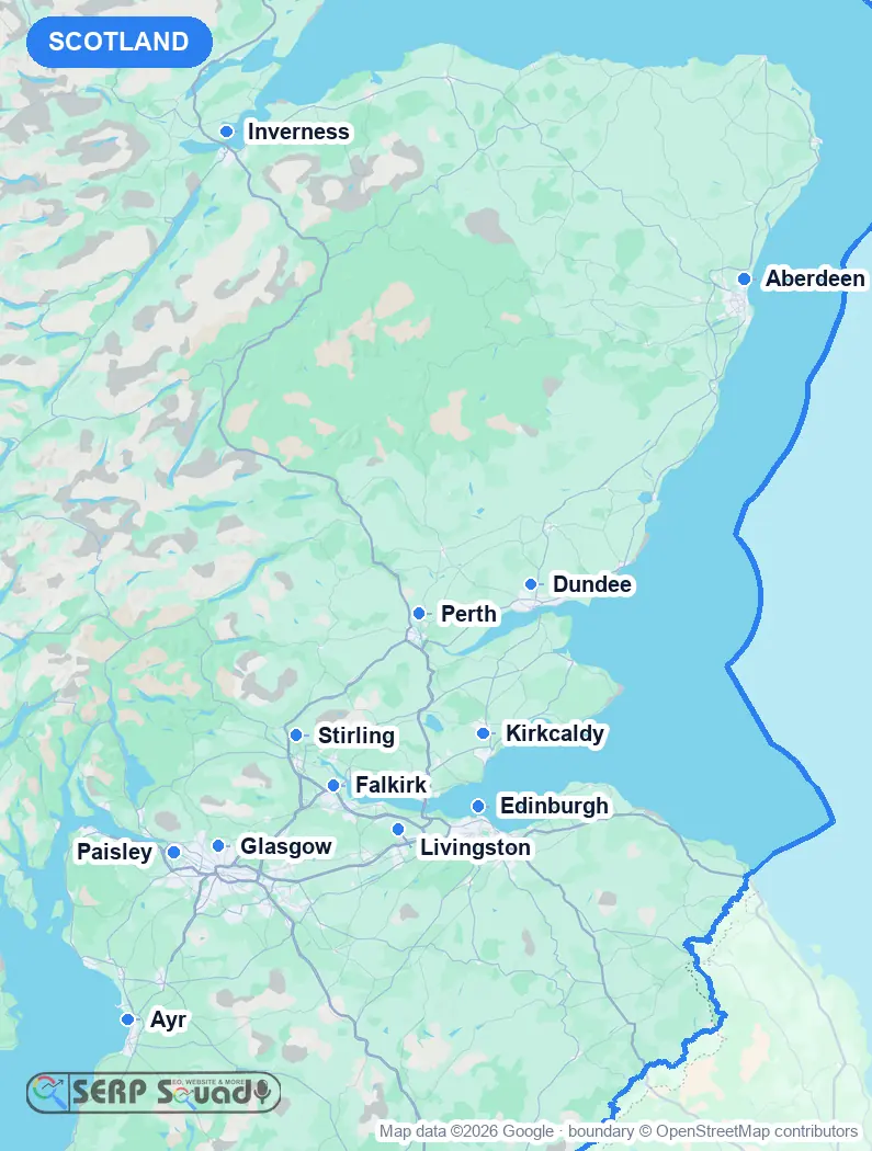 Map of Scotland, the United Kingdom, marking the 12 cities where we run local SEO campaigns