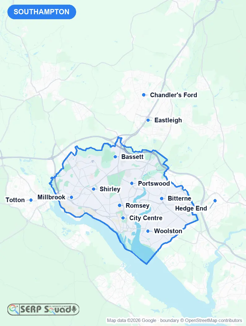 Map of Southampton, the United Kingdom, marking the 12 cities where we run local SEO campaigns