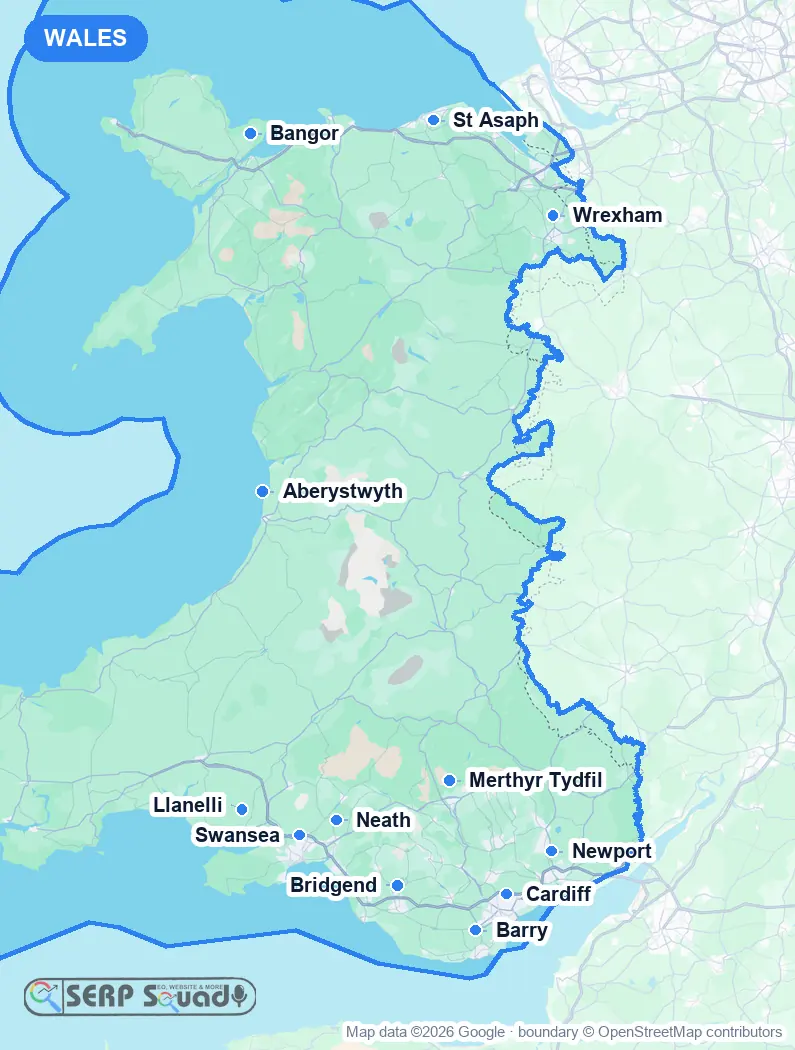 Map of Wales, the United Kingdom, marking the 12 cities where we run local SEO campaigns
