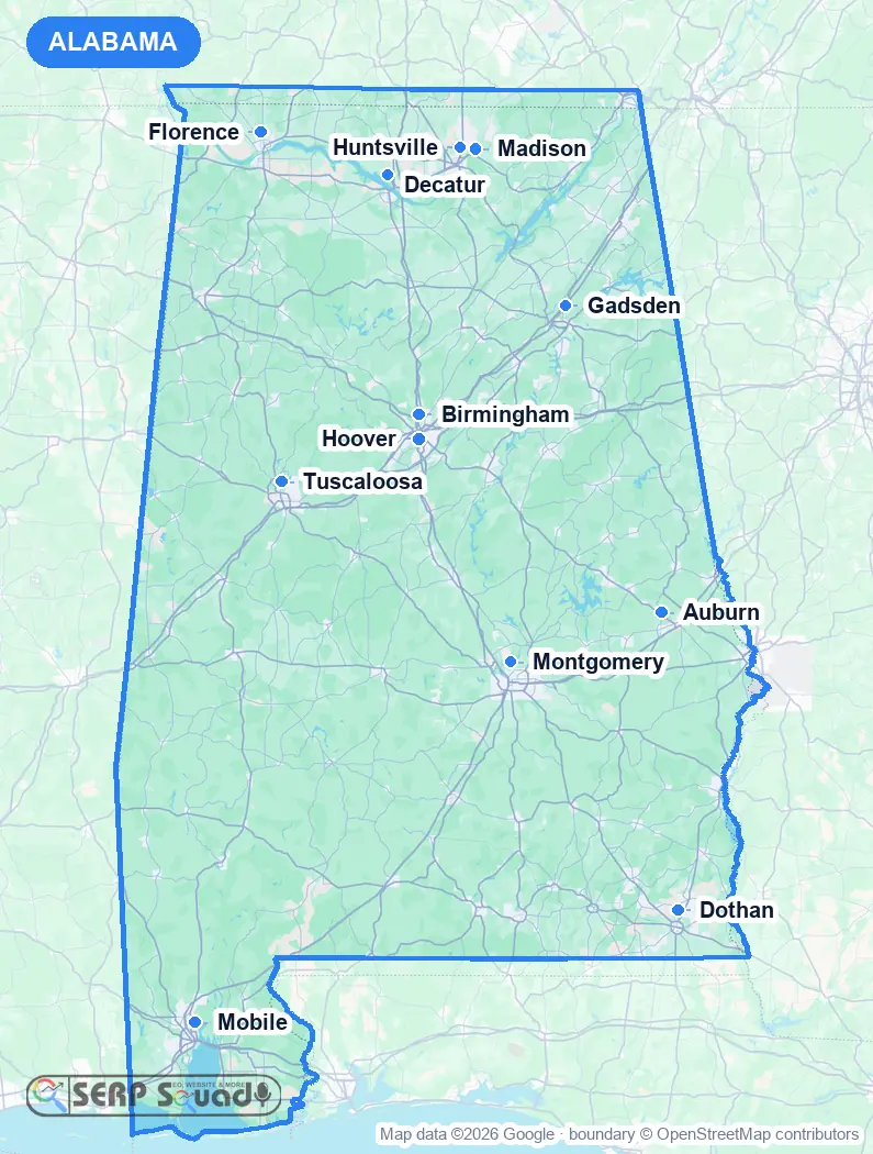 Map of Alabama, USA, marking the 12 cities where we run local SEO campaigns