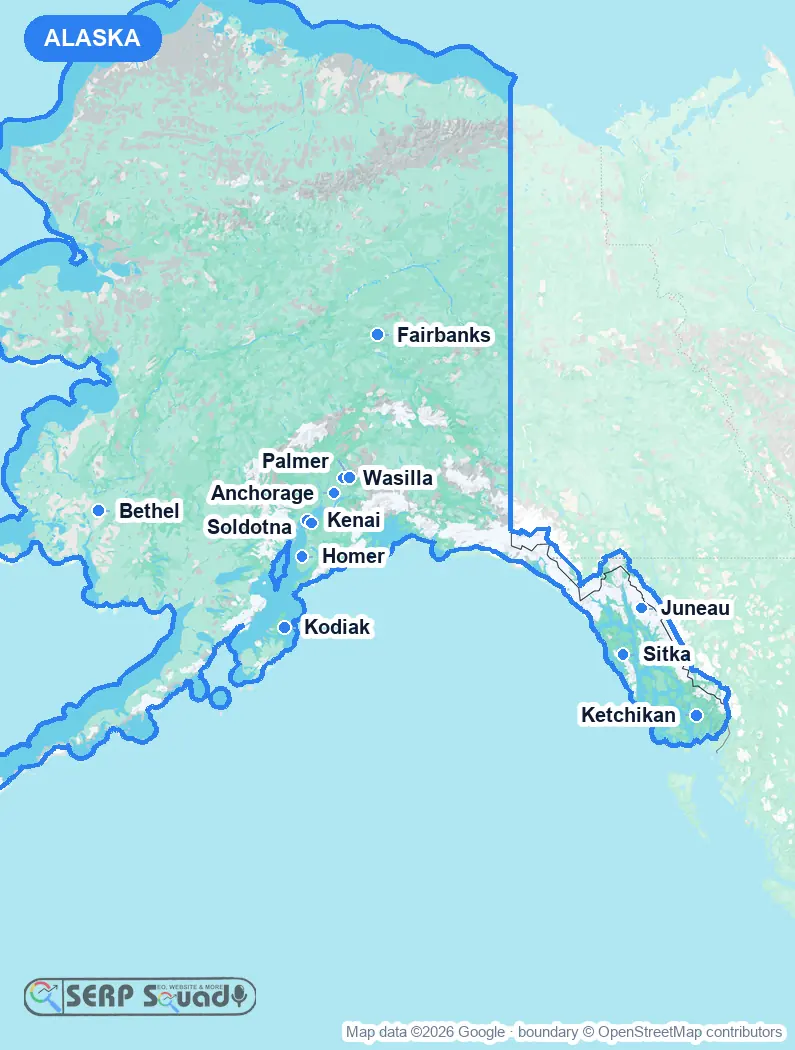 Map of Alaska, USA, marking the 12 cities where we run local SEO campaigns