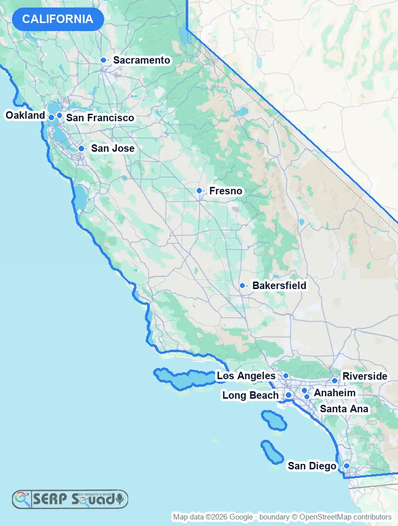 Map of California, USA, marking the 12 cities where we run local SEO campaigns