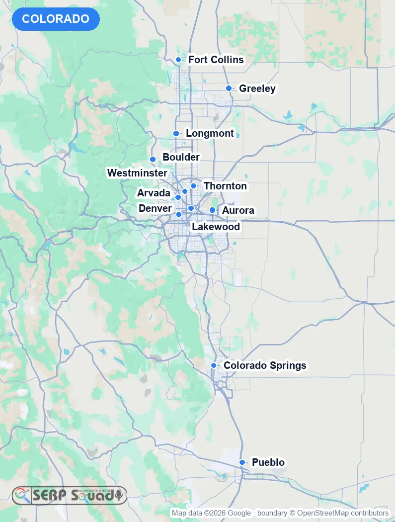 Map of Colorado, USA, marking the 12 cities where we run local SEO campaigns