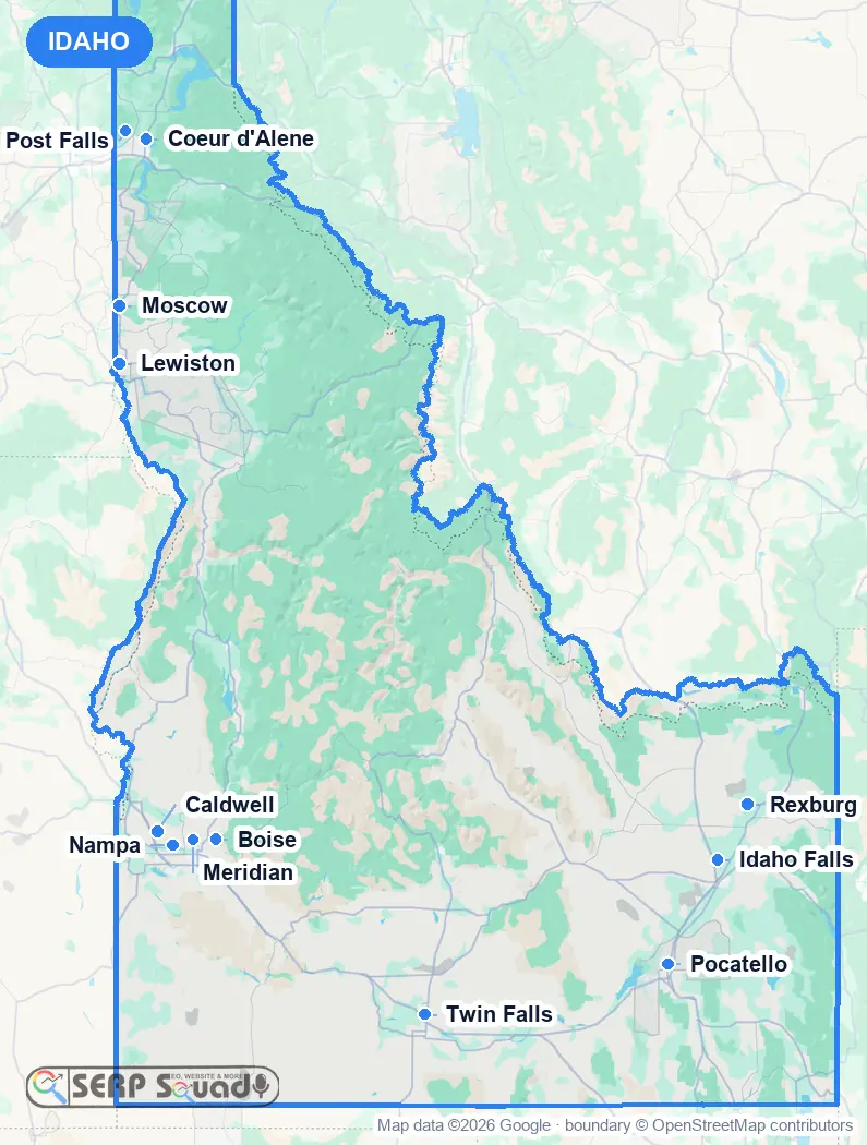 Map of Idaho, USA, marking the 12 cities where we run local SEO campaigns