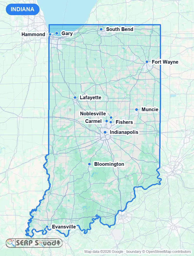Map of Indiana, USA, marking the 12 cities where we run local SEO campaigns