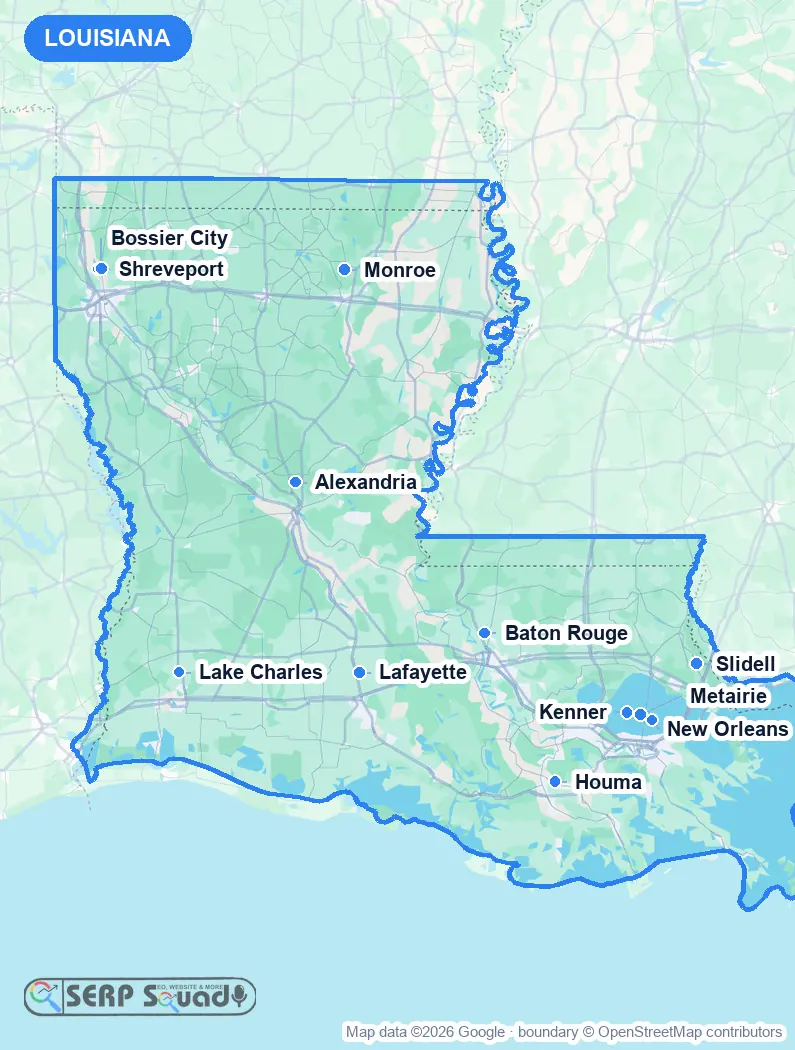 Map of Louisiana, USA, marking the 12 cities where we run local SEO campaigns