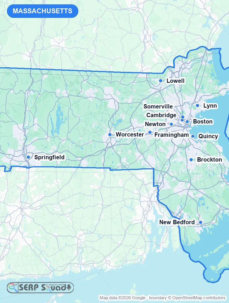 Map of Massachusetts, USA, marking the 12 cities where we run local SEO campaigns