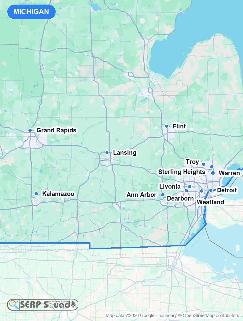 Map of Michigan, USA, marking the 12 cities where we run local SEO campaigns