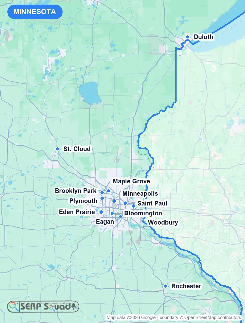 Map of Minnesota, USA, marking the 12 cities where we run local SEO campaigns